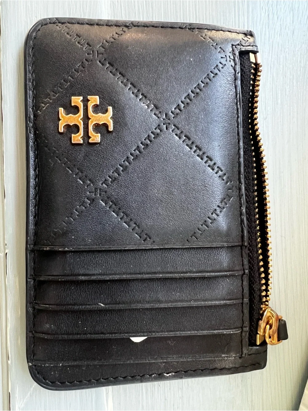 Tory Burch Black Quilted Leather Card holder with Gold Logo